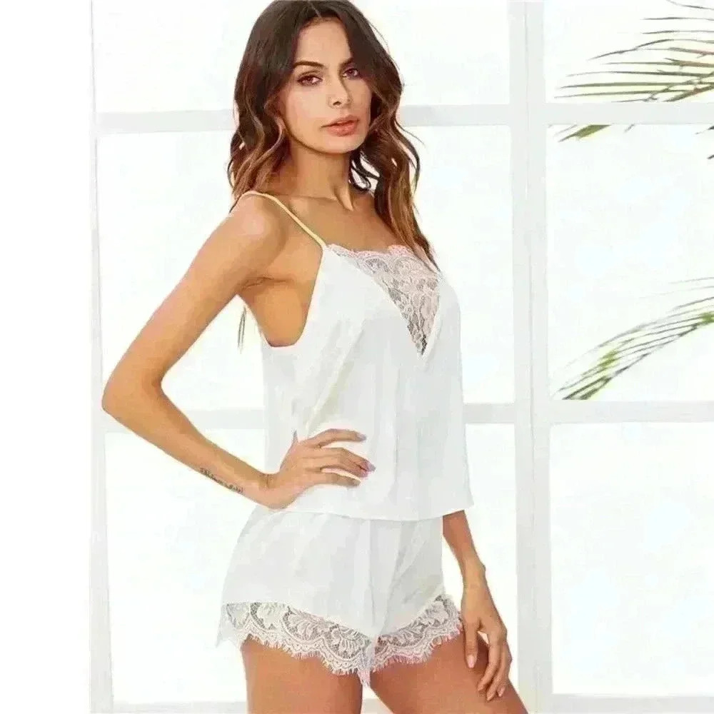 White Silky Tank & Shorts Lace Lingerie Lounge pajamas
